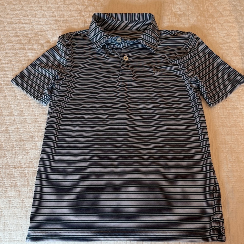 Southern Tide Boy’s Striped Performance Polo in Blue, White, and Black